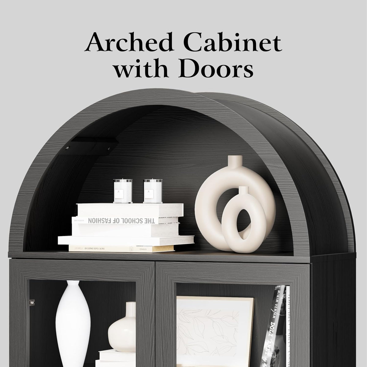 DHH 71" Tall Arched Kitchen Pantry, Modern Farmhouse Wood Kitchens Storage Cabinets with Sliding Doors& Adjustable Shelves, Versatile Cupboard for Kitchen, Living Dining Room, Bathroom (Black)