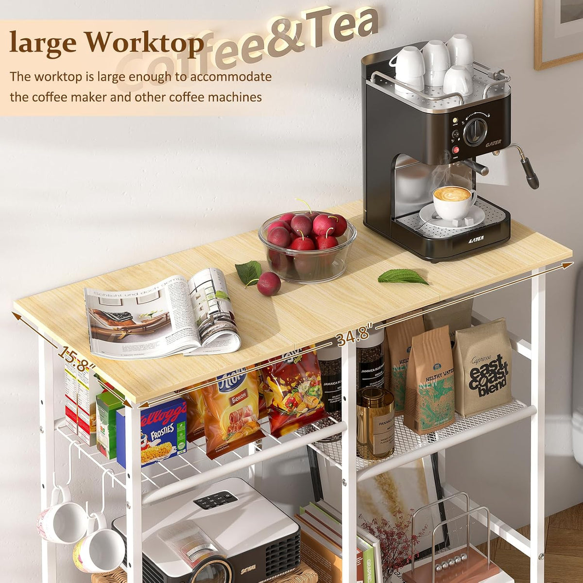 ThreeHio Kitchen Island cart with Storage, Mobile Kitchen Cart with 4 Hooks and Adjustable Shelf on Wheels, Rolling Microwave Stand Coffee Bar Baker's Rack Utility Cart for Kitchen, Dinning Room,White