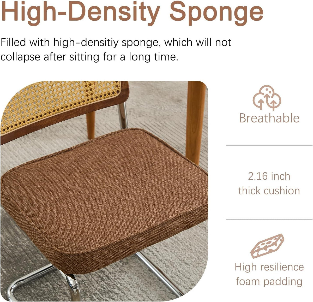 SoarFlash Linen Dining Chair Set of 2 Modern Upholstered Kitchen Chair with Walnut Rattan Cane Back, Stainless Chrome Base for Dining Room, Club(Coffee)