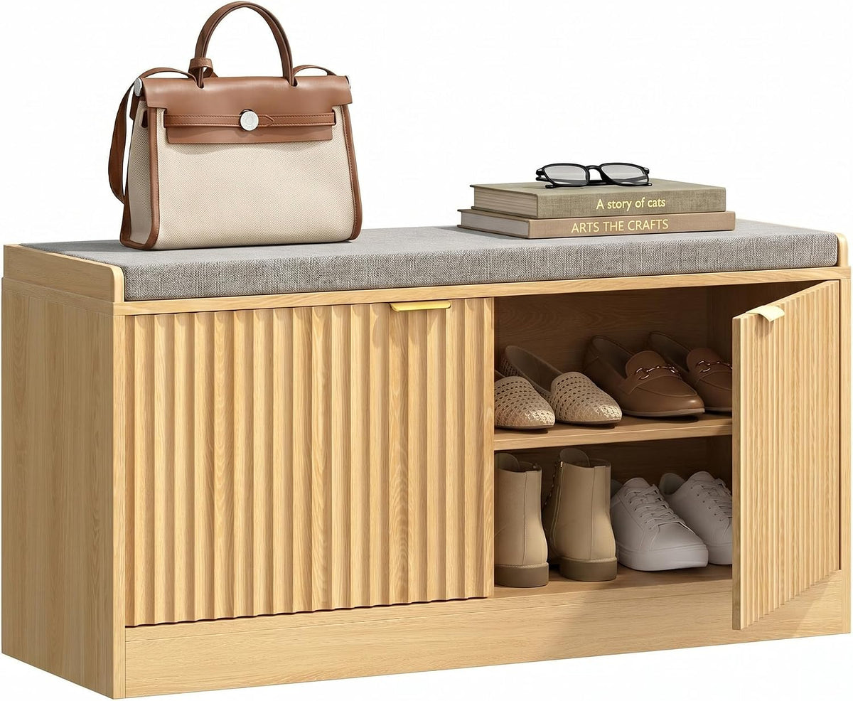 Fluted Shoe Storage Bench with Cushion, 2-Tier Entryway Shoe Bench with Adjustable Shelves, Hidden Shoe Cabinet Bench with 2 Doors for Hallway, Living Room, Bedroom End of Bed,Natural Oak