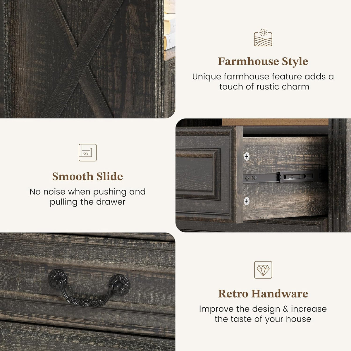 Nightstand Set 2 with Gun Drawer, Farmhouse Night Stand with LED Lights and Human Sensor, Bedside Table with Open Shelf, End Table with Storage Drawers for Bedroom, Rustic Borwn