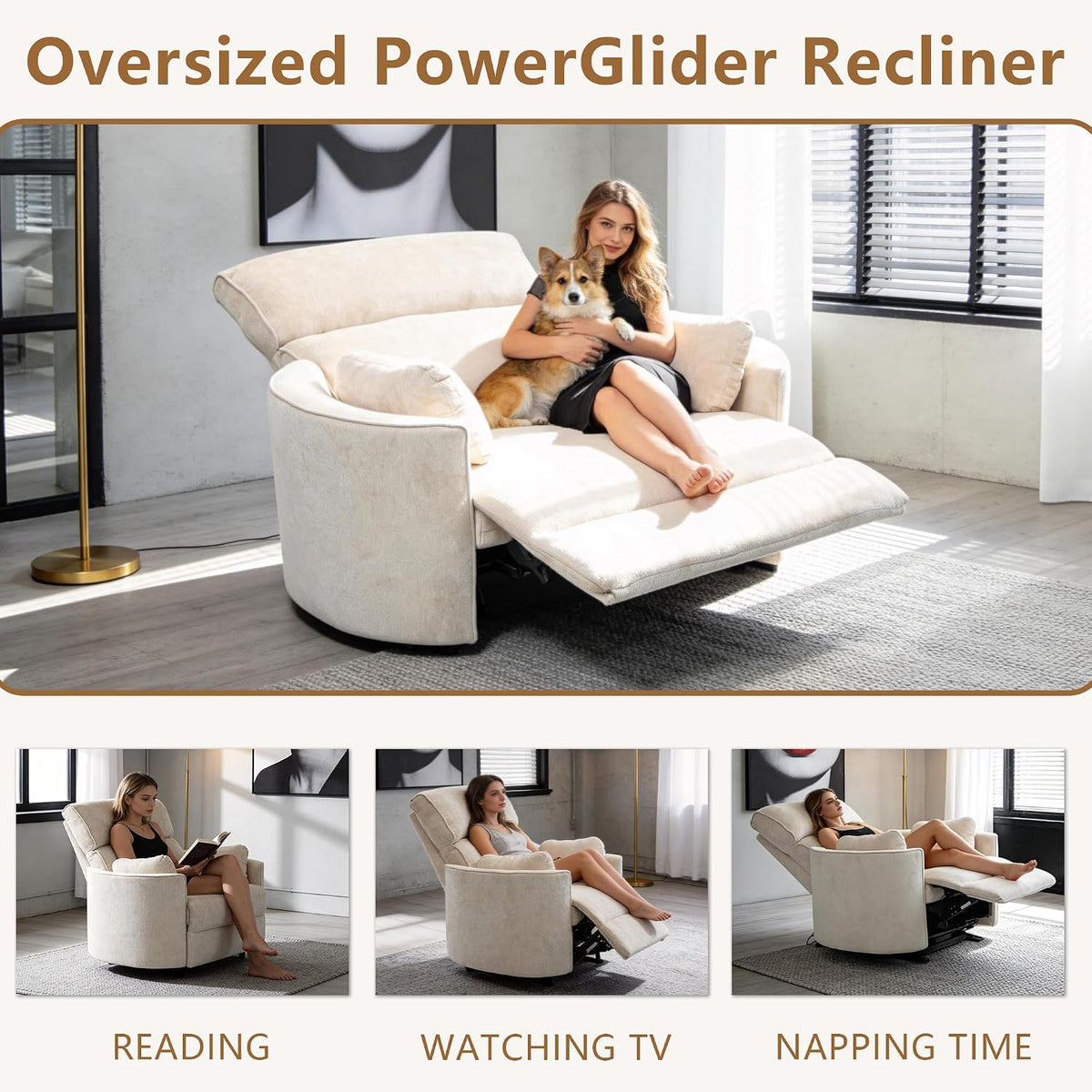 450lbs Oversized Power Recliner Chair for Big and Tall Adults, 52" Extra Wide Electric Recliner with USB & Type-C Ports, Chenille Fabric Single Sofa Chair for Living Room & Bedroom (Beige)