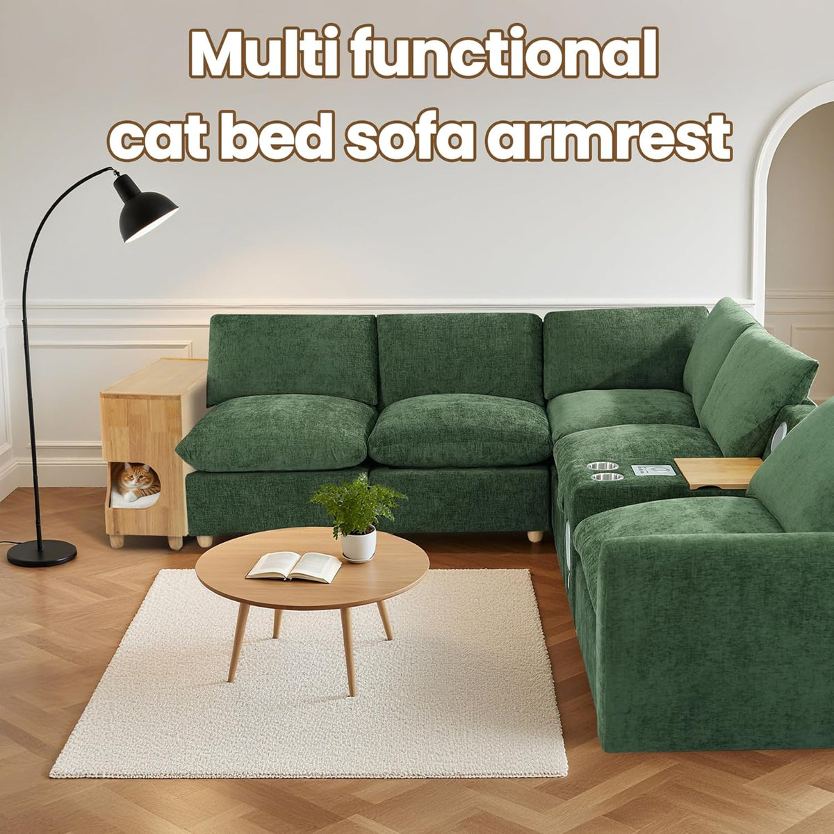Brelice Sofa Armrest Side Table with Hidden Cat Bed and Storage, Chenille Couch Arm Rest Organizer for Sectional Sofa, Left/Right Side for Living Room