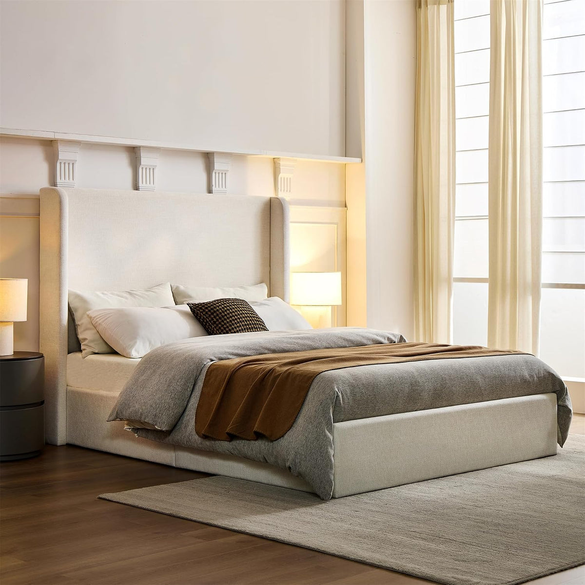 California King Upholstered Bed Frame 52" Tall Wingback Headboard