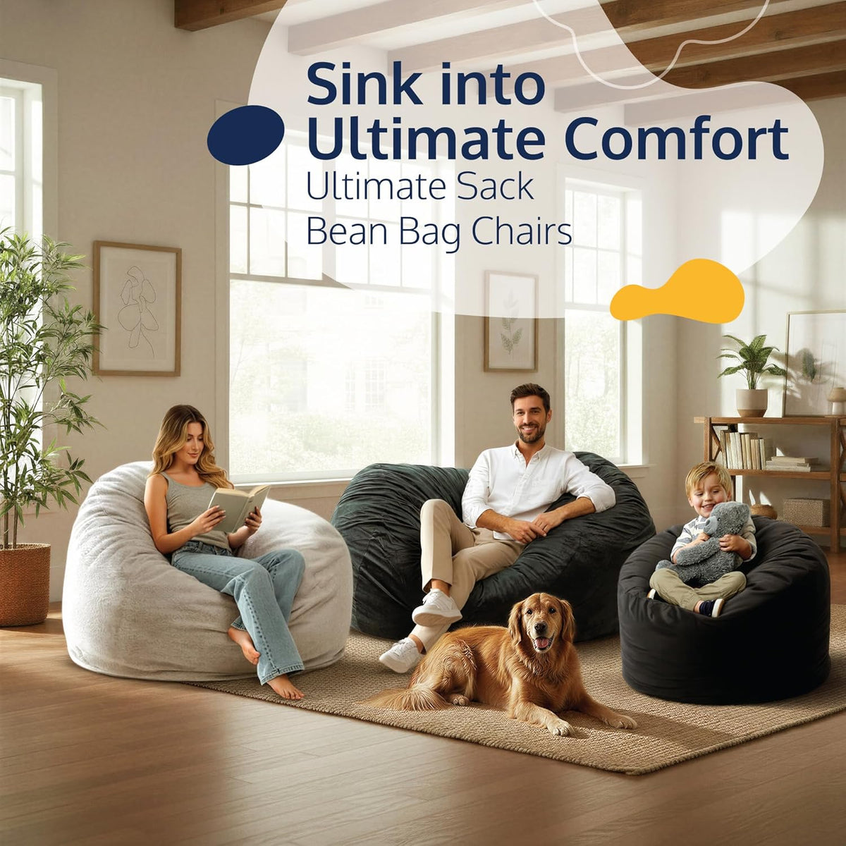 ULTIMATE SACK | 5 Ft Bean Bag Chair Replacement Cover Only | Black Fur | Removable Washable Cover only
