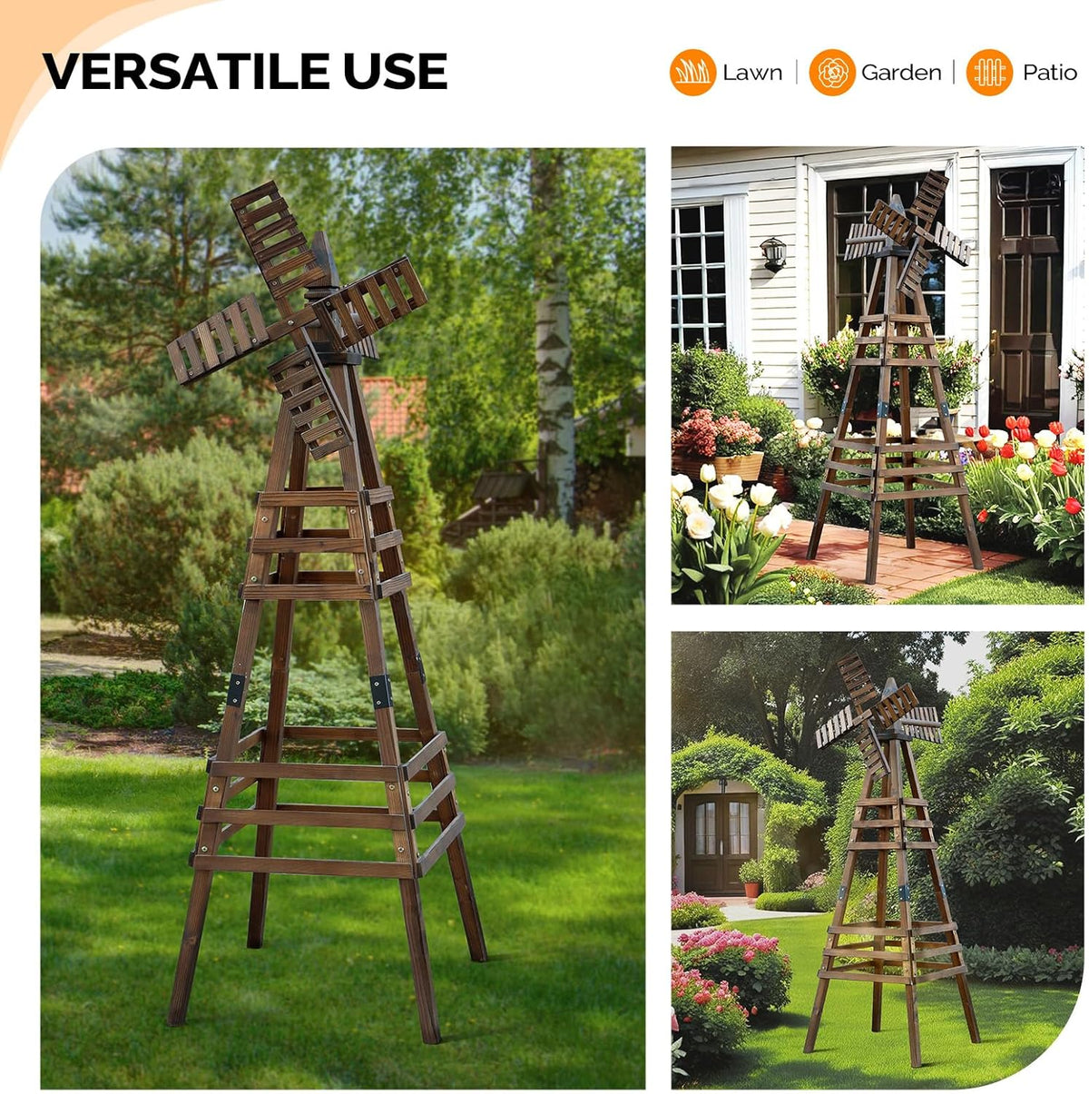 Wooden Windmill, Weather-Proof Wind Spinner, Outdoor Wind Mill for Garden Lawn Patio Decoration (Carbonized, Medium)