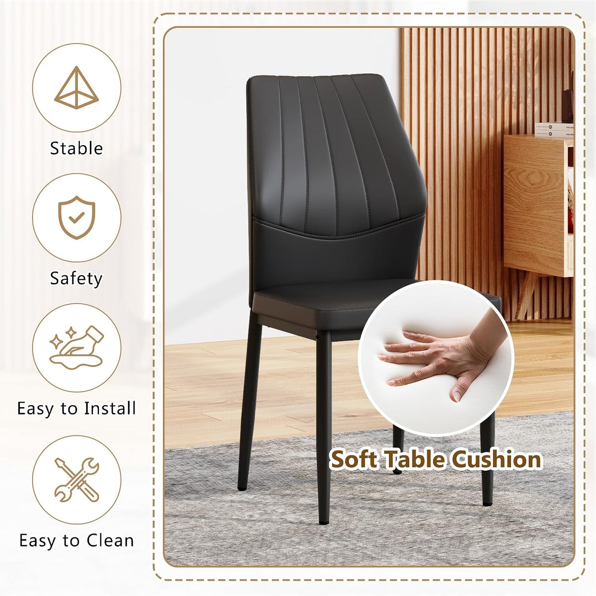 Modern Dining Chairs Set of 4,Black Dining Room Chairs Set, Comfy Kitchen Faux Leather Upholstered Chairs with Mental Legs, Easy Assembly