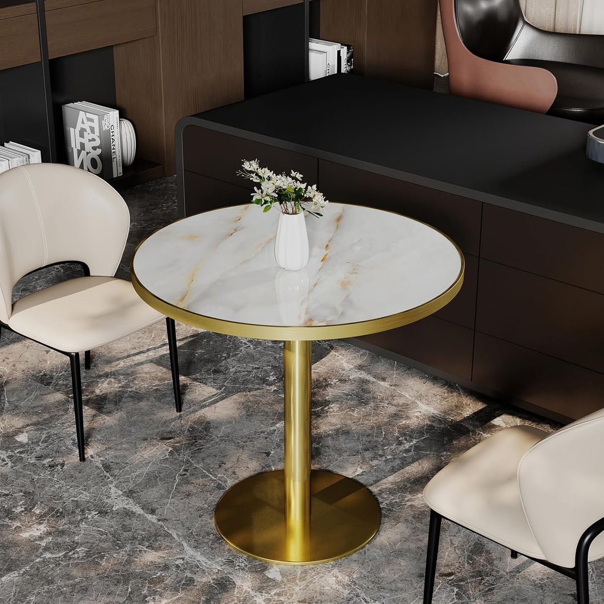 31.5" Round Tulip Table with 1.2" Thick Gold Vein Onyx Sintered Stone Top (Marble Look) & Brushed Gold Frame, Modern Luxury Dining Table for 2-4 People for Kitchen Nook, Café & Patio