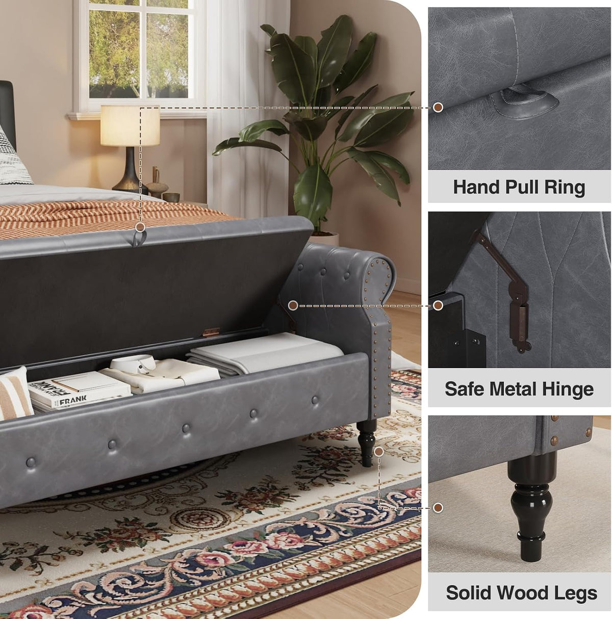 FiveWillowise 65" End of Bed Storage Bedroom Bench with Storage,Faux Leather Storage Ottoman Bench with Rolled Arms and Nailhead Trim for King Size End of Bed,Entryway,Living Room,Grey
