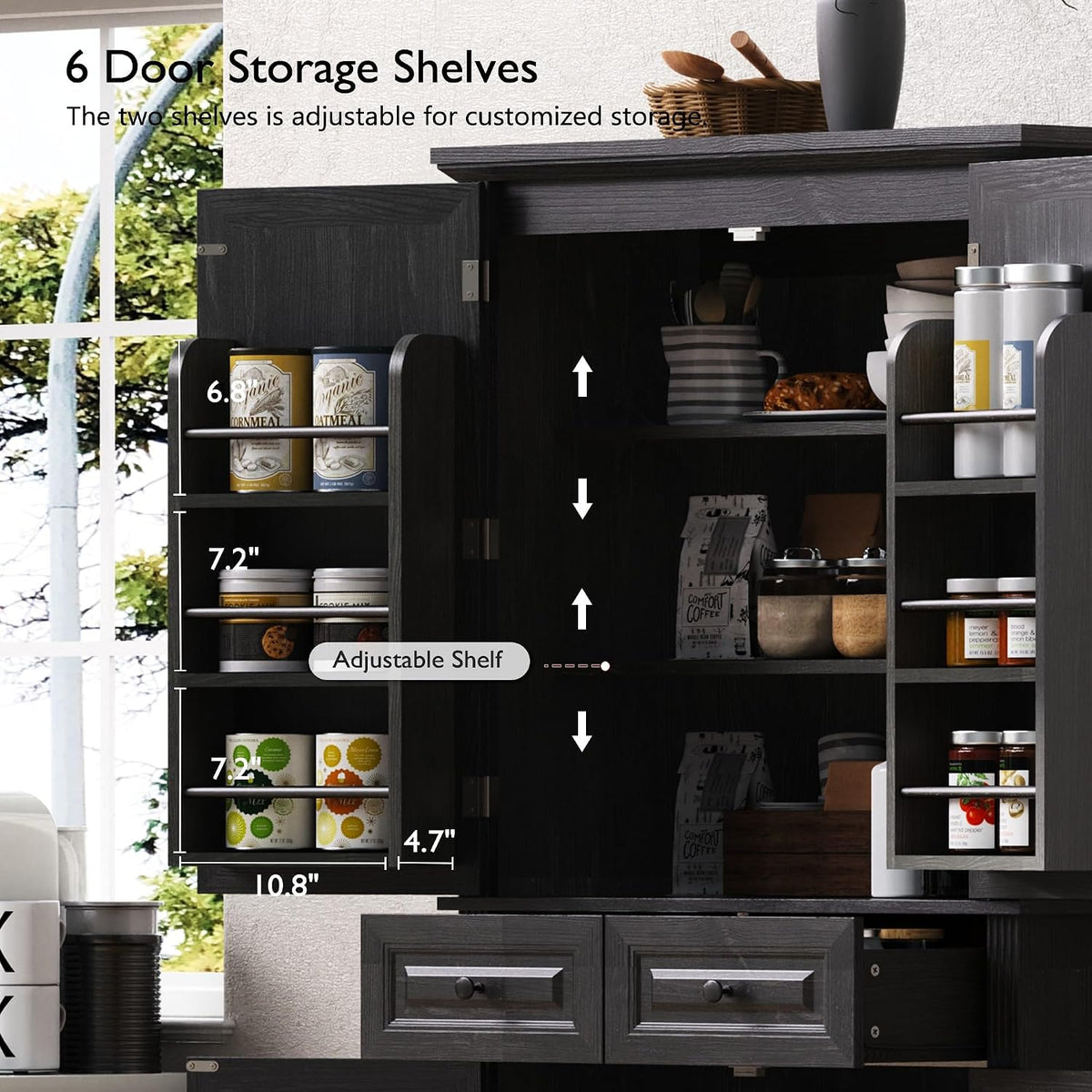 71" Tall Kitchen Pantry Cabinet with 3 Pull Out Organizers, Farmhouse Storage Cabinet with 6 Door Shelves,2 Drawers,Freestanding Cupboard for Kitchen Dining Room (Black-@01)