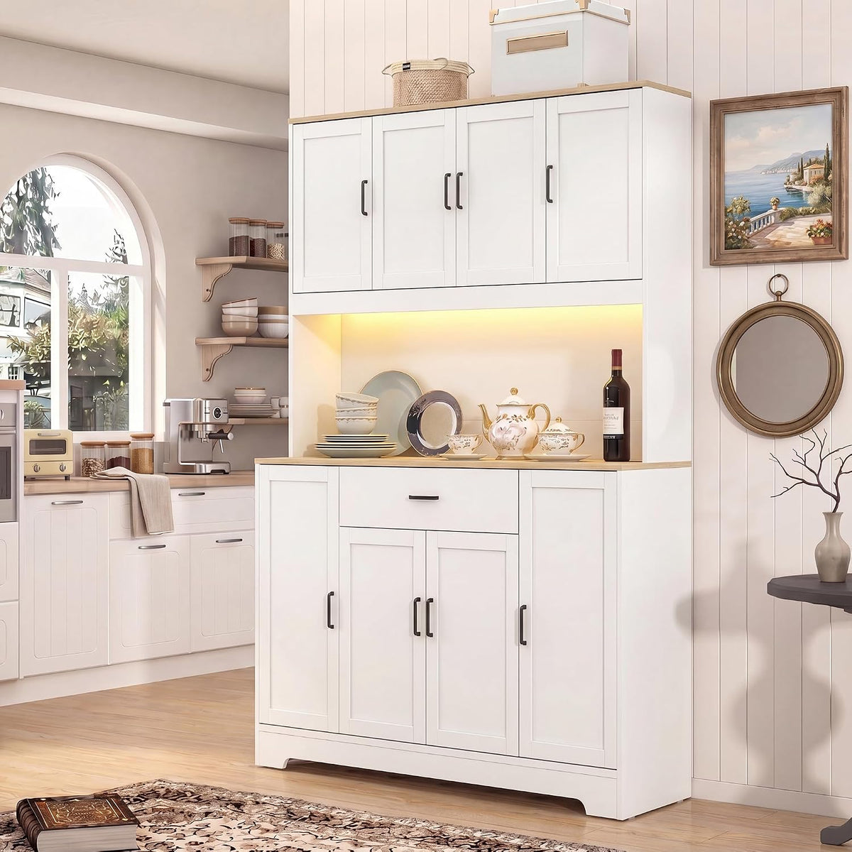 FUQARHY 71" Kitchen Pantry Storage Cabinet, Tall Kitchen Hutch with Charging Station, 55" Wide Large Food Pantry Storage Cabinet with LED Light, Drawers and Adjustable Shelf for Dining Room (White)
