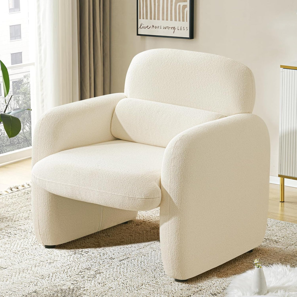 Furniliving 30.5" Chenille Accent Chair, Modern Upholstered Armchair with Solid Wood Legs, Comfy Reading Chair for Living Room Bedroom, Wide Single Sofa Chair(White,Set of 1)