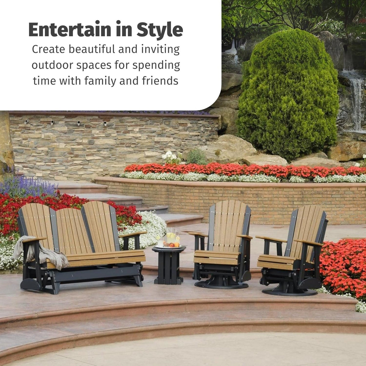 LuxCraft 5' Adirondack Glider with fold Down Console (Weatherwood on Chestnut Brown)