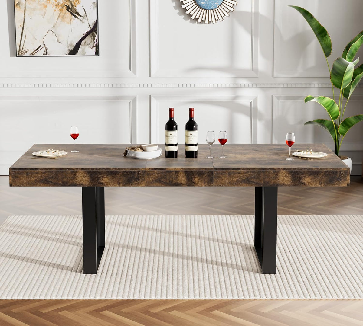 7-Piece Extendable Dining Table Set for 6, 63-78 Inch Rustic Brown Kitchen Table Set with 6 Black Tufted Chairs Farmhouse Wood Expandable Dining Room Table Set 6 for Kitchen Dining