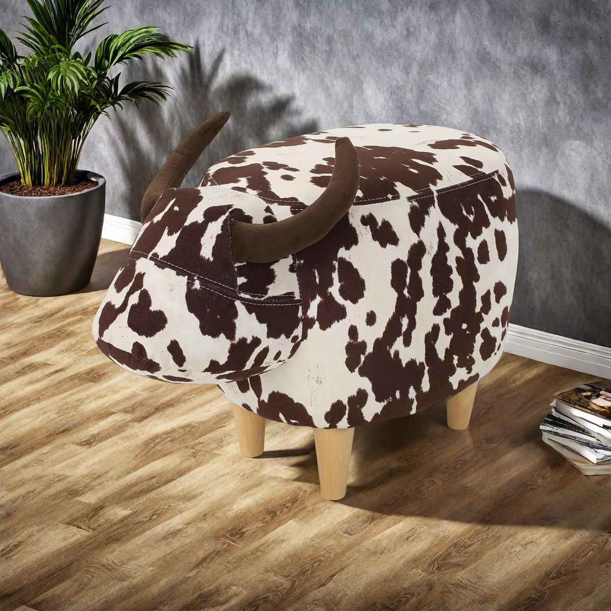 Modern Footstool, Cow-Shaped Ottoman with Birch Legs Cute Velvet Foot Rest for Couch Sofa, Artsy Animal Print Foot Stool for Living Room, Bedroom, Porch, Garden, Balcony Decor (Brown + White)