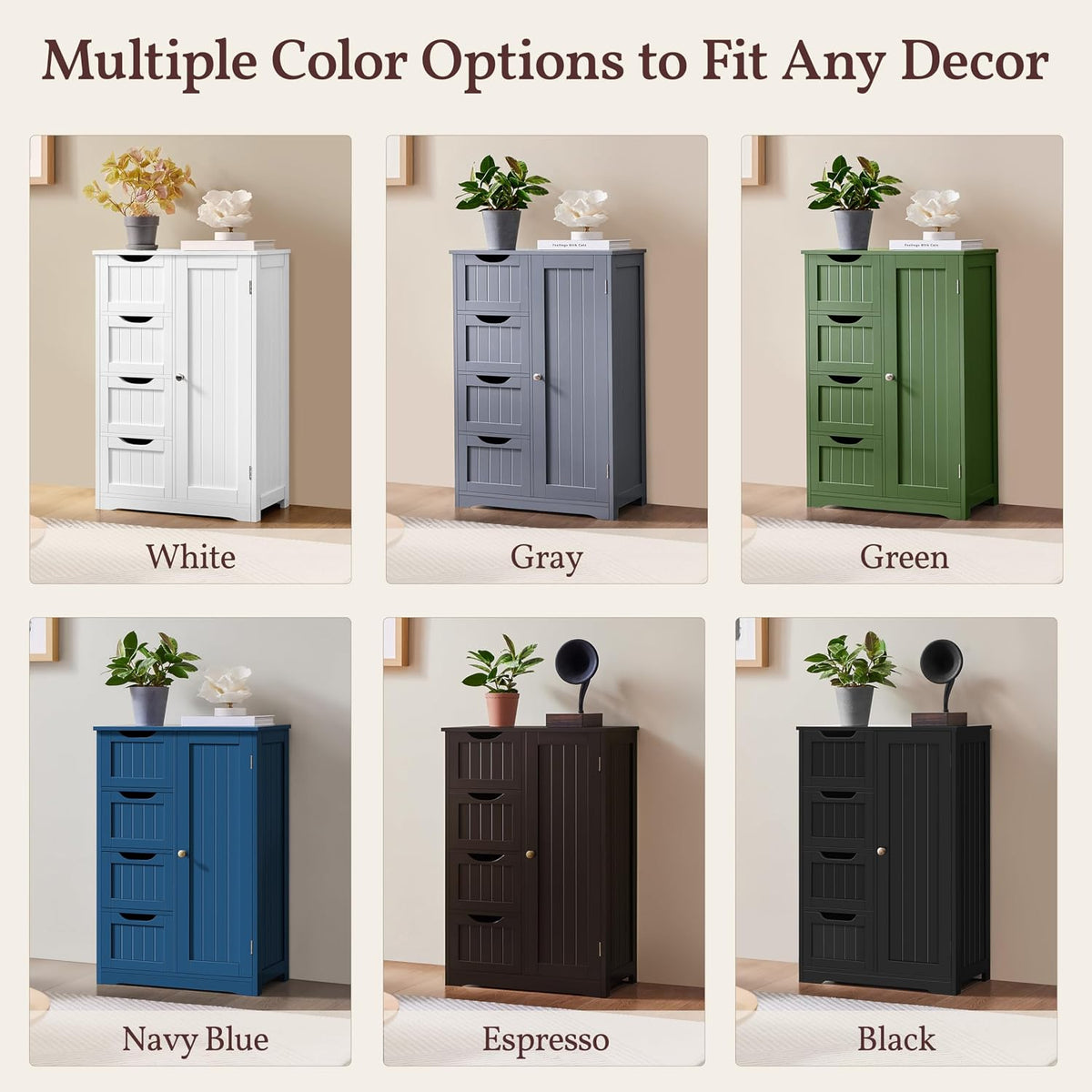 Yaheetech Small Bathroom Storage Cabinet with 4 Drawers & Door, White | Floor Cabinet Organizer for Hallway, Living Room, 3-Position Adjustable Shelf, Beadboard Detail, MDF, 12"D x 22"W x 32.5"H