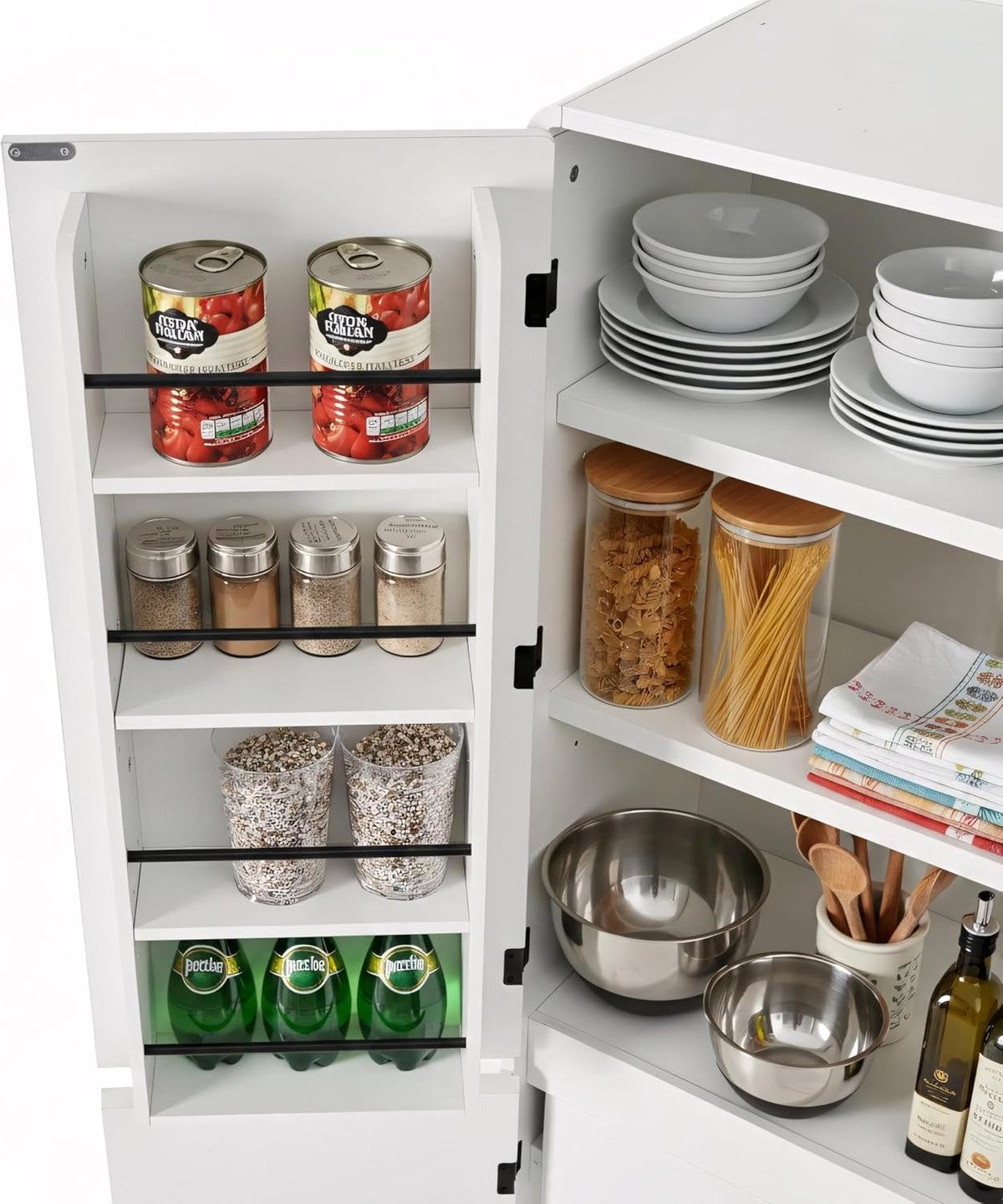 72 Inch Farmhouse Kitchen Pantry Cabinet with Unique Curved Design, 4-Door Storage with 8 Adjustable Door Shelves, 3 Adjustable Shelves & Hidden Drawer, Freestanding (Curved Design + White)