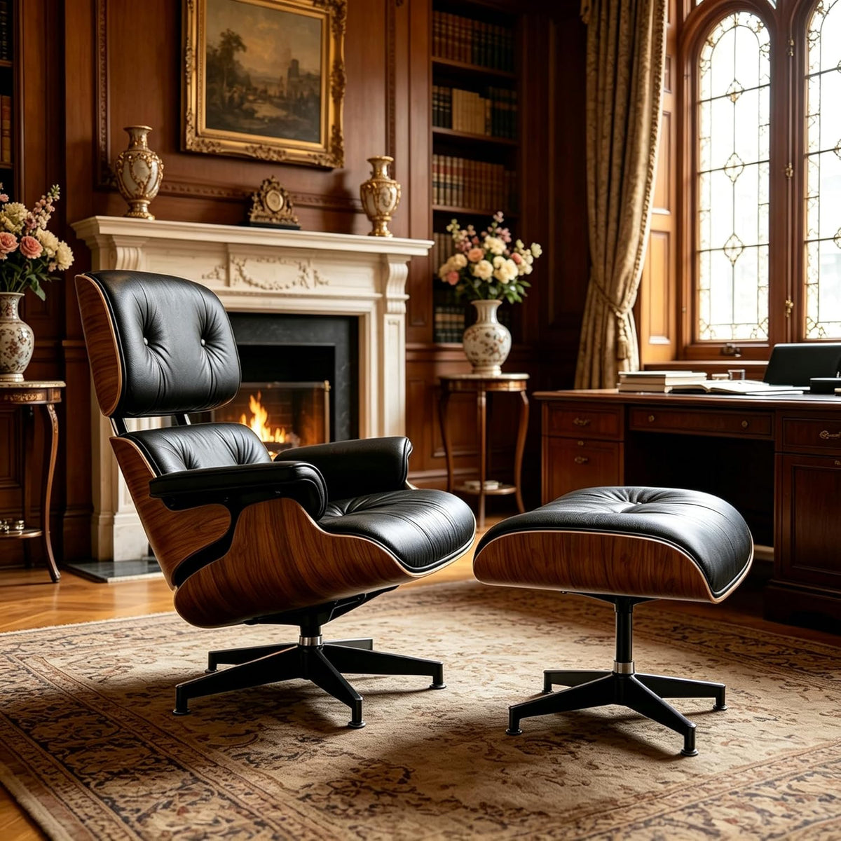 Mid Century Chaise Lounge Chair with Ottoman, Modern Retro Classic Design, PU Leather & Walnut Wood, Heavy Duty Metal Support, Comfortable for Living Room Bedroom Office(Black-Standard)