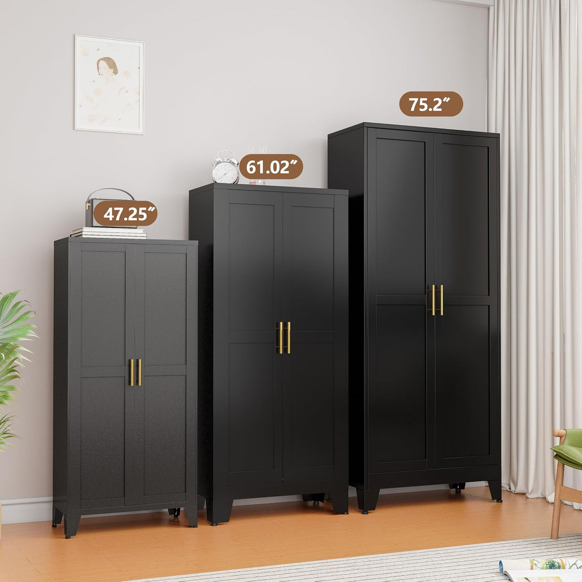 PAOFIN Metal Kitchen Pantry Storage Cabinet with 2 Doors and 3 Adjustable Shelves,Pantry Cabinet with Adjustable Leveling Foot for Kitchen, Living Room, Dining Room(Black)