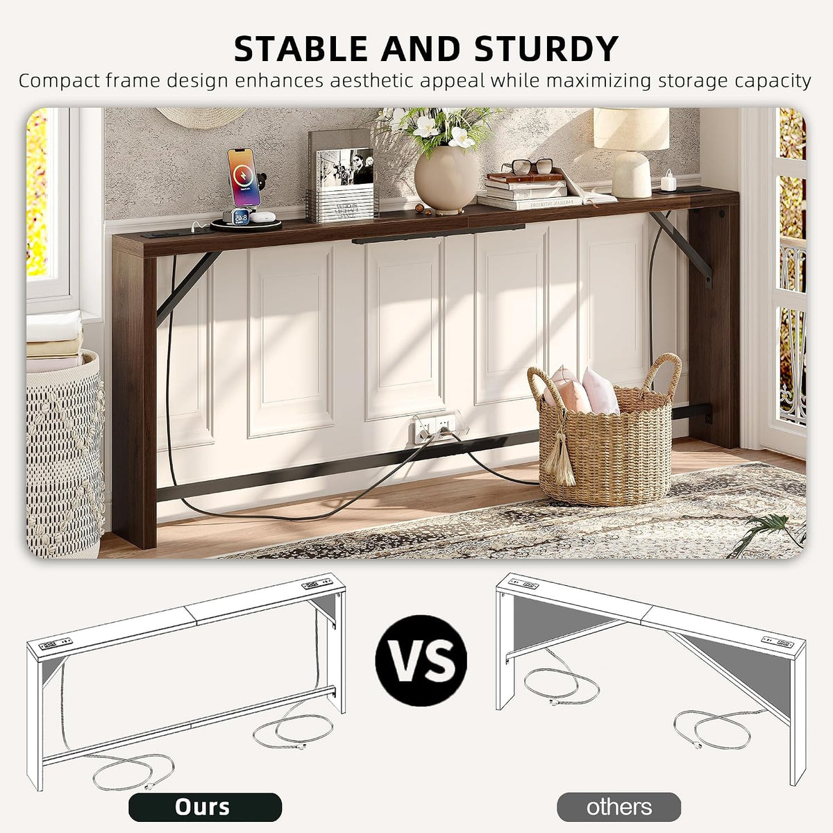 TIQLAB Sofa Table, 79 inch (1.2'' Thickness) Long Console Table Behind Couch, Narrow Entryway Table with Angled Metal Frame, Industrial Console Table, Black Walnut