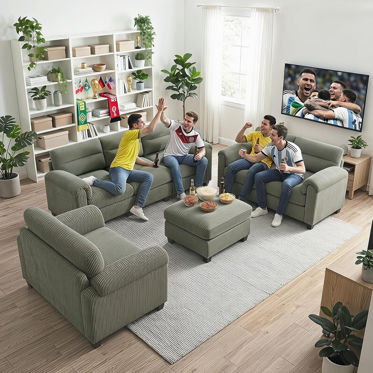 HAOMARKETS Corduroy Sofa Set, Upholstered Ottoman Footrest, Modern Living Room Furniture Sets,Green