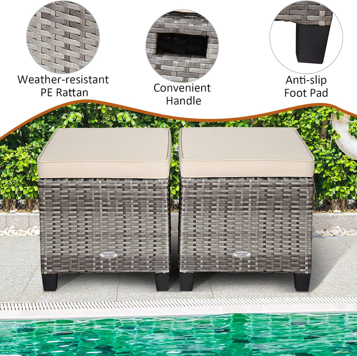 LDAILY Moccha 2 Pieces Patio Outdoor Ottoman, All Weather Rattan Patio Ottoman Set w/Removable Cushions, Footrest Seat Outdoor Footstool (Mix Grey + White)