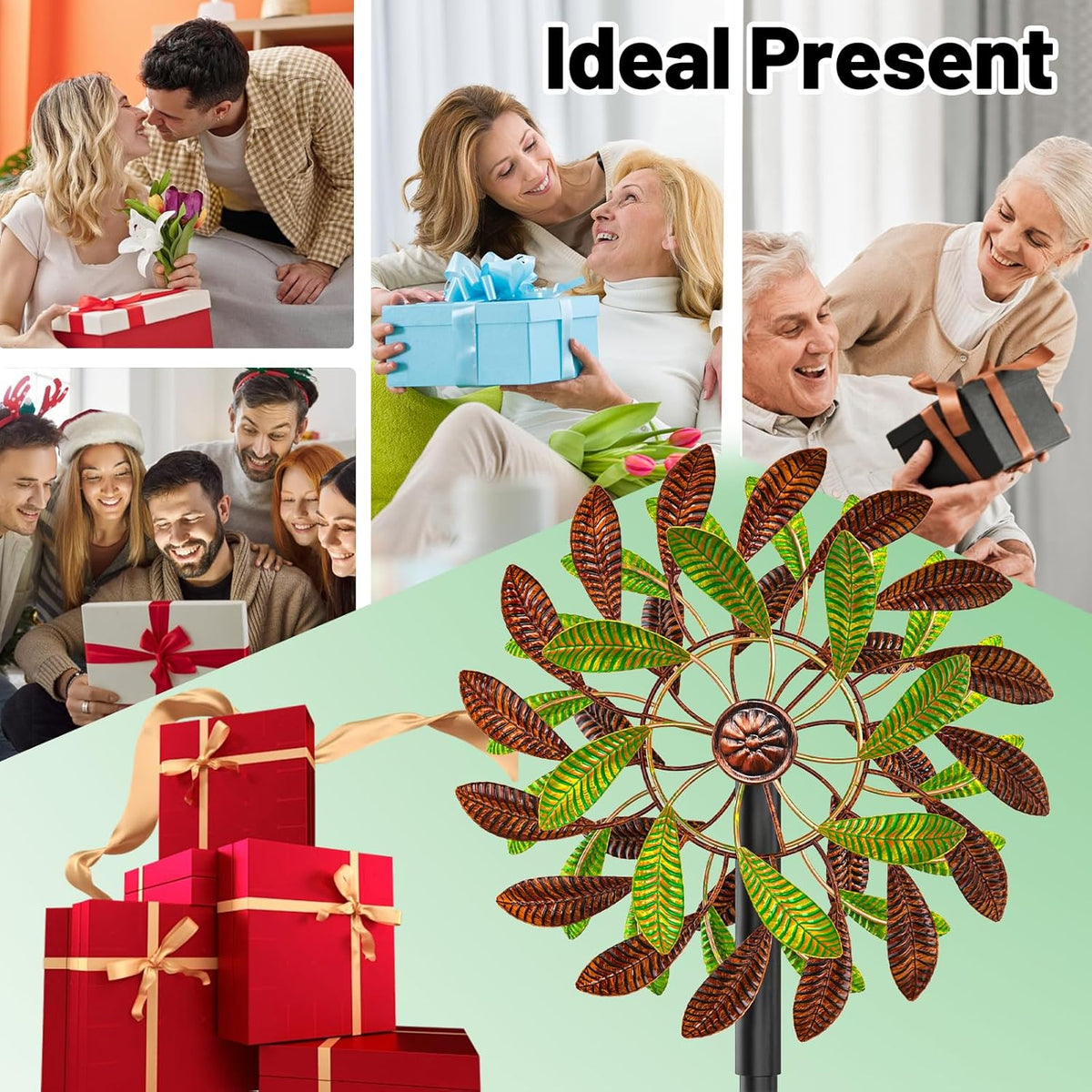 Metal Garden Wind Spinners Outdoor, 360 Degrees Kinetic Yard Windmills Garden Decor for Outside, Wind Sculptures & Spinners for Lawn Patio Ornaments(Brown+Green)