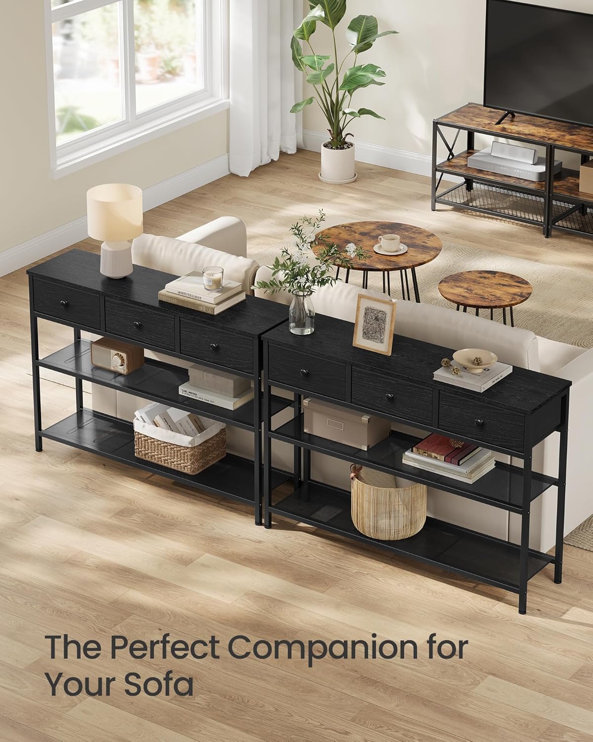 SONGMICS Console Table, Narrow Sofa Table with 2 Mesh Shelves for Entryway, Living Room, 11.8 x 38.9 x 31 Inches, 3 Fabric Drawers, Ebony Black, BELLAH Collection ULGS098B201