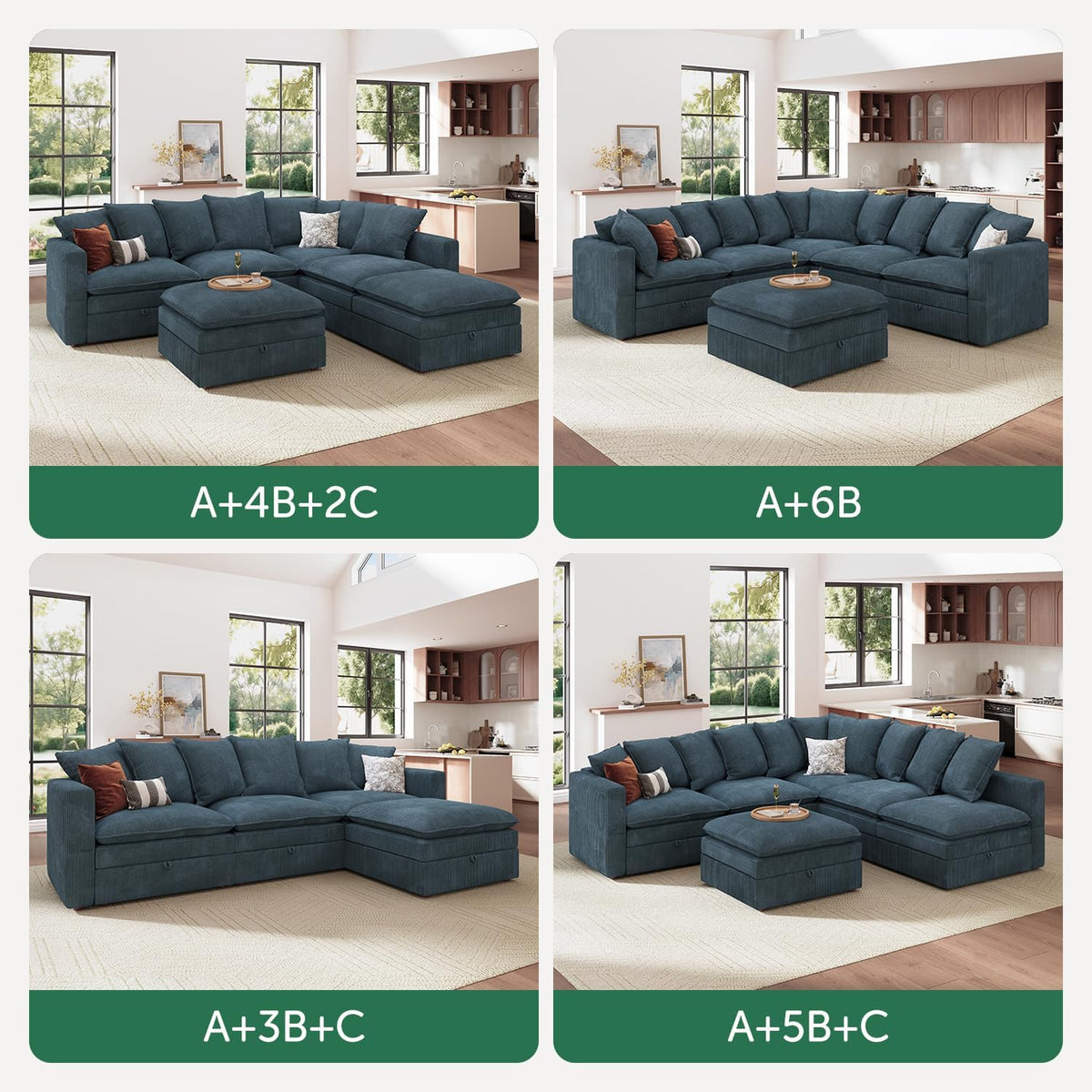 HONBAY Corduroy Ottoman, 31.5 Inch Square Ottoman Bench with Storage for Living Room, Blue