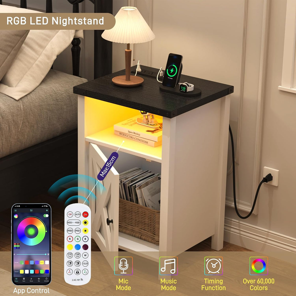 Hlivelood Farmhouse LED Nightstand Set of 2 with Charging Station, Rustic End Table with Barn Door & Storage Shelf, Bedside Table for Bedroom, Living Room, Black