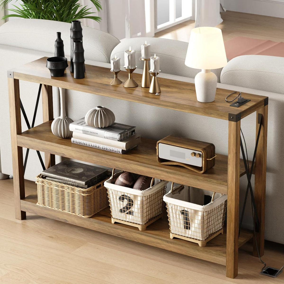 Entryway Table with Outlets and USB Ports, Console Table with 3-Tier Open Storage Shelves, Wooden Sofa Table with Metal X-Shaped Design for Living Room/Couch/Hallway/Foyer (Rustic Oak-s)