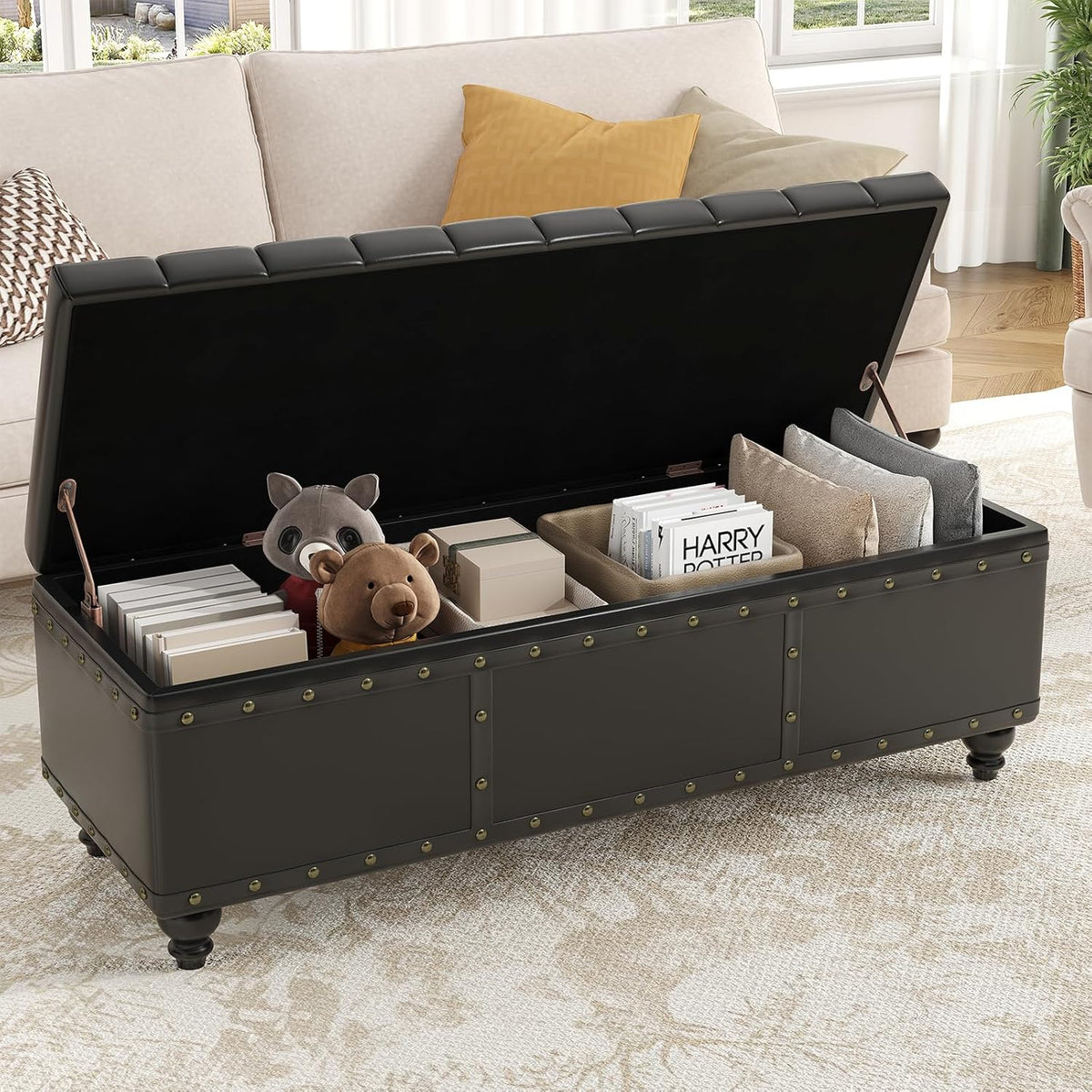 Maupvit Storage Ottoman Bench, Faux Leather Ottoman with Storage, Bench for Bedroom end of Bed, Upholstered Storage Benches for Living Room, Entryway, Hallway, Foot Rest, Black