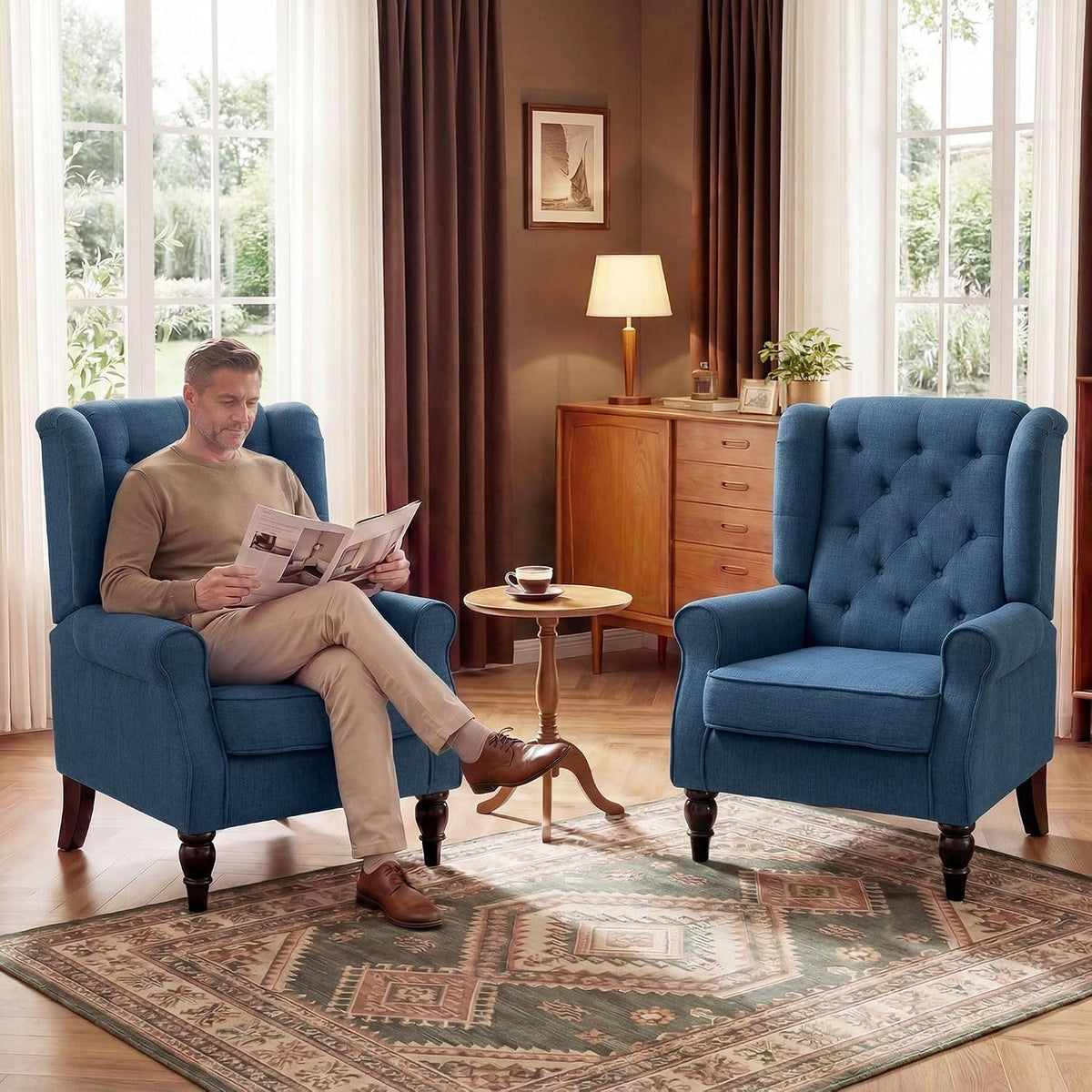 HOMCOM Mid-Century Modern Accent Chair, High Wingback Reading Chair, Blue | Button-Tufted, Upholstered Fabric, Retro Wood Legs, Apartment, Living Room, Bedroom