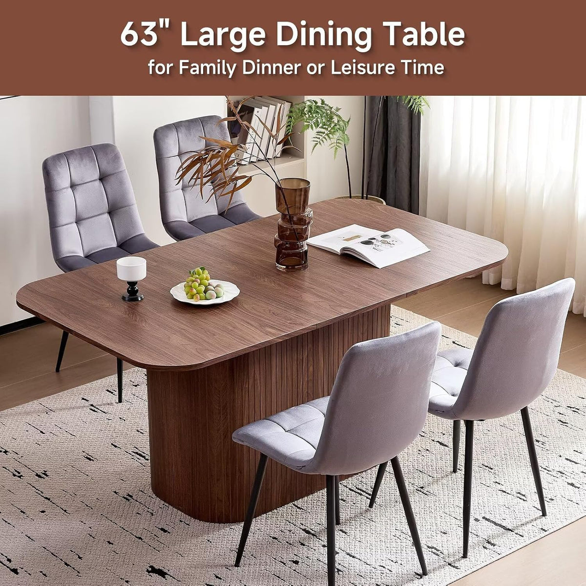63" Large Dining Table for 4-6 People, Farmhouse Rectangular Modern Kitchen Dinner Table with Rounded Corners & Wood Strip Pedestal Base Rectangular for Dining Room, Brown Grain