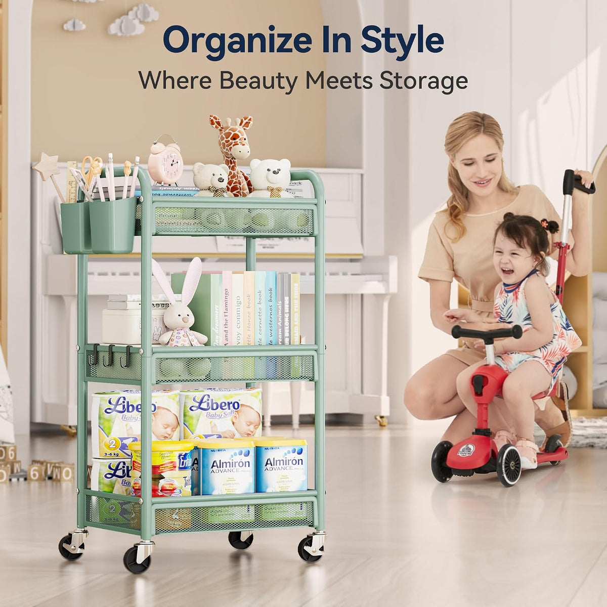 YASONIC 3 Tier Metal Rolling Cart, Green Utility Storage Cart with Wheels | Metal Mesh Craft Cart With Hooks & Hanging Cups, Ideal For Kitchen, Bathroom, Office, Dorm, Art Workspace, Bedside Storage