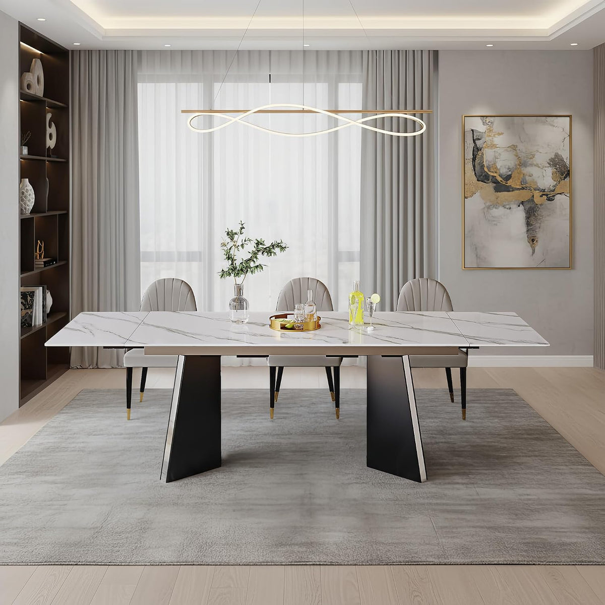 Expandable Dining Table 62.99 to 94.48 Inch Sintered Stone Marble Table Black Carbon Steel Base Diagonal Leg Design for Home Kitchen (Snowflake White)