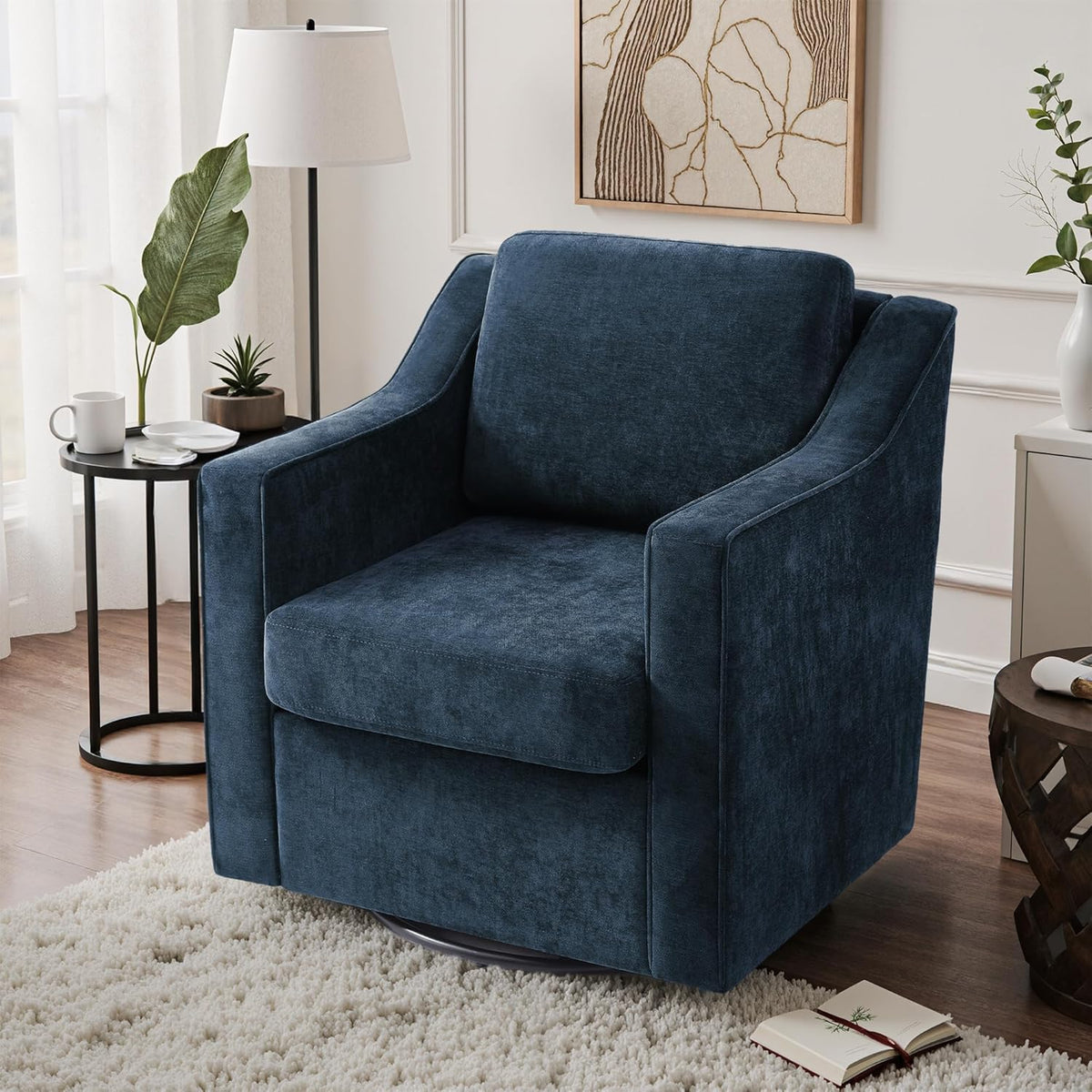 Swivel Accent Chairs Set of 2, Chenille Upholstered Armchair for Living Room, Modern Armrest Chair Comfy Single Sofa Bedroom Reading Seat with Lumbar Pillow - Navy
