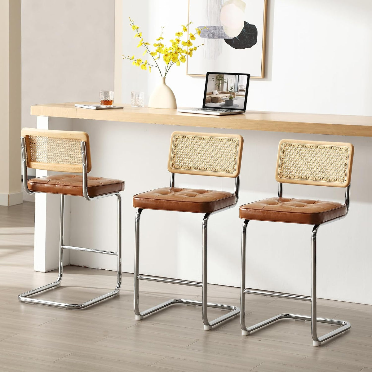 Zesthouse Natural Rattan Counter Stools Set of 2, 26" Modern Boho Barstools | Mid Century Modern Barstool with Cane Mesh & Chrome Base, Vintage Faux Leather Counter Height Chair for Kitchen Island, Brown