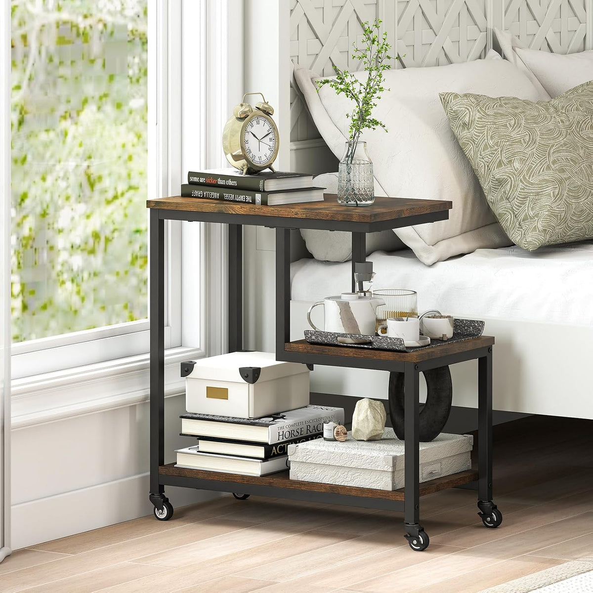 GOFLAME G-Shaped End Table, 3-Tier Sofa Side Table with Wheels, Open Shelves, Metal Frame, Modern Display Accent Table, Small Narrow Rolling Nightstand for Living Room, Bedroom, Rustic Brown