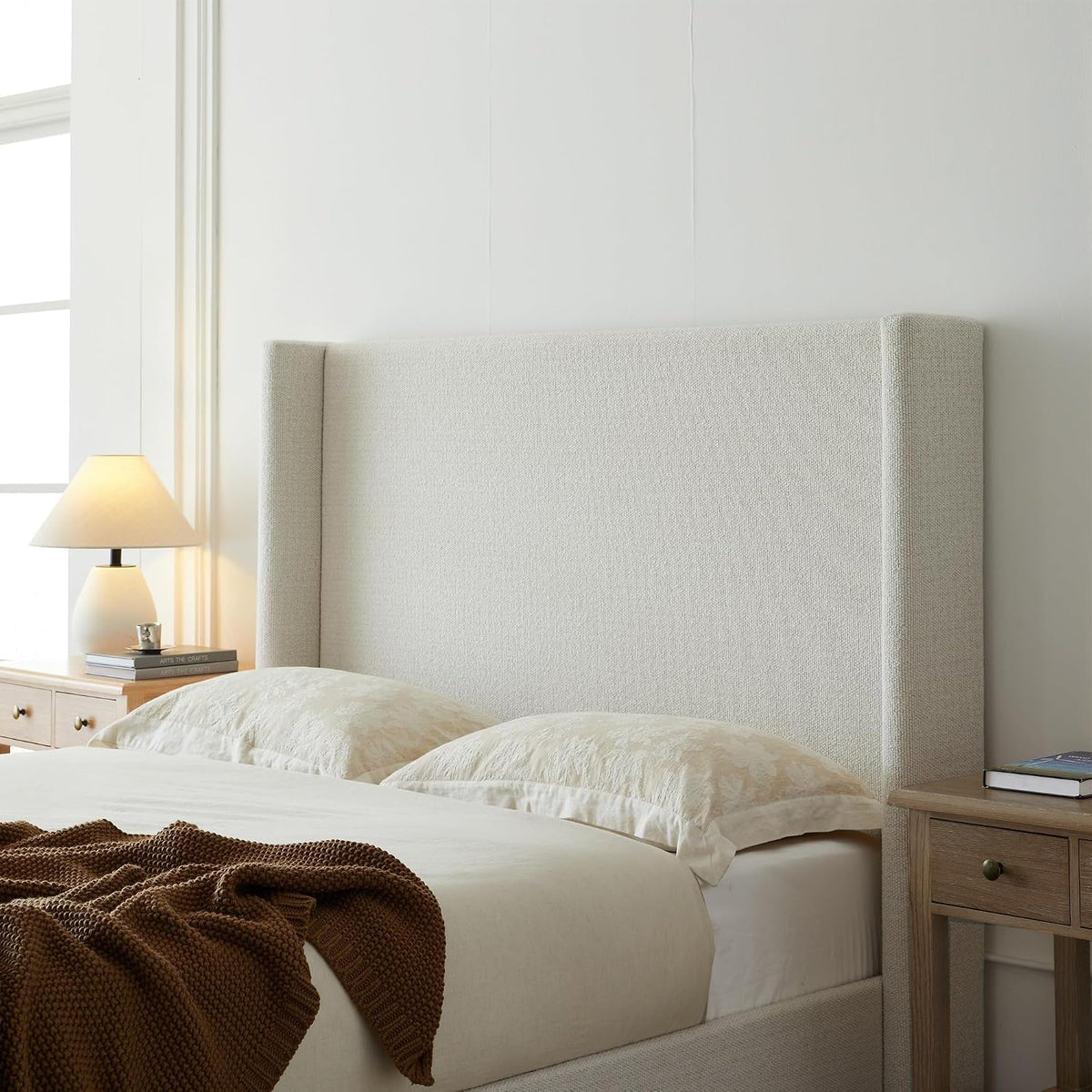 53" Majestic Wingback Bed Frame Queen - Premium Cream White Boucle Upholstered Platform Bed with Gray Oak Wood Base, 1000lbs Heavy Duty, No Box Spring Required(Queen U.S. Standard