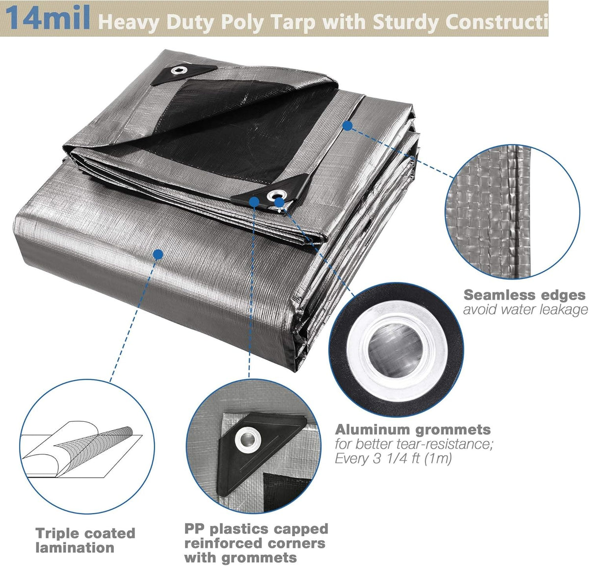 Yescom 16x20Ft 14 Mil Heavy Duty Reinforced Poly Tarp Reversible Waterproof Tarpaulin Ground Sheet Cover Reversible Silver Black Tarps