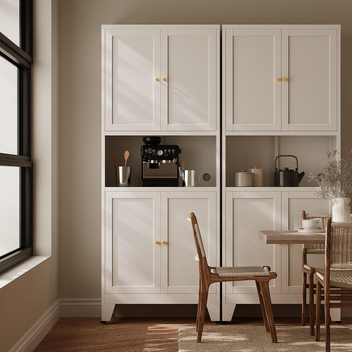 69"H Kitchen Pantry Cabinet with Countertop and Microwave Shelf,Metal Microwave Stand Cabinet with Storage,White Farmhouse Food Storage cabinet,Tall Freestanding Pantry Cabinets for Dining Room