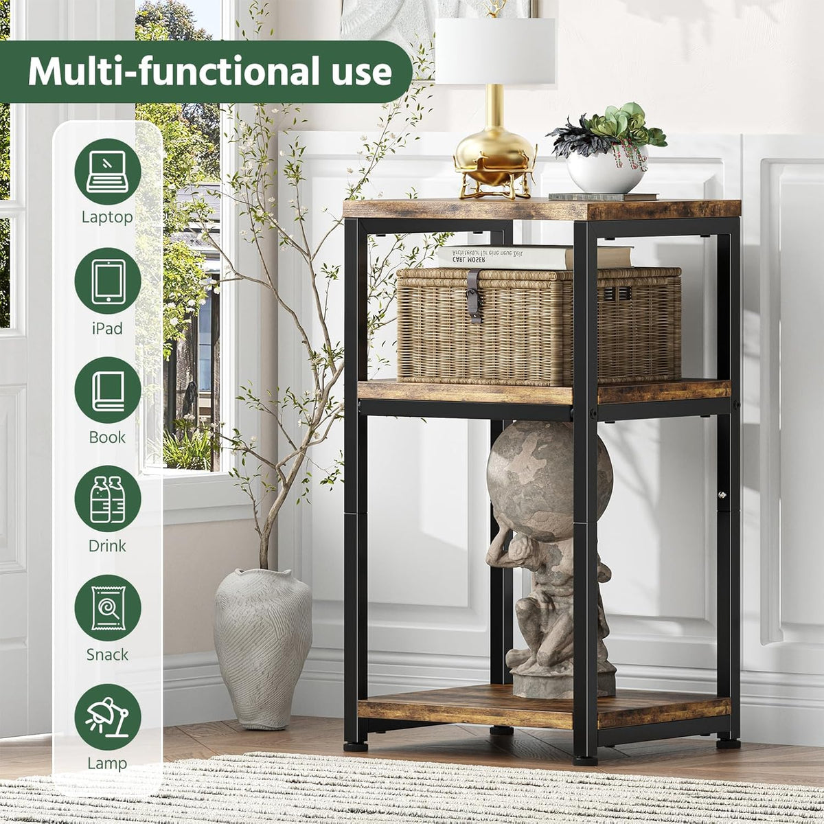 Simple Trending Side Table, End Table Night Stand, 3 Tiers Shelf for Living Room, Rustic Brown