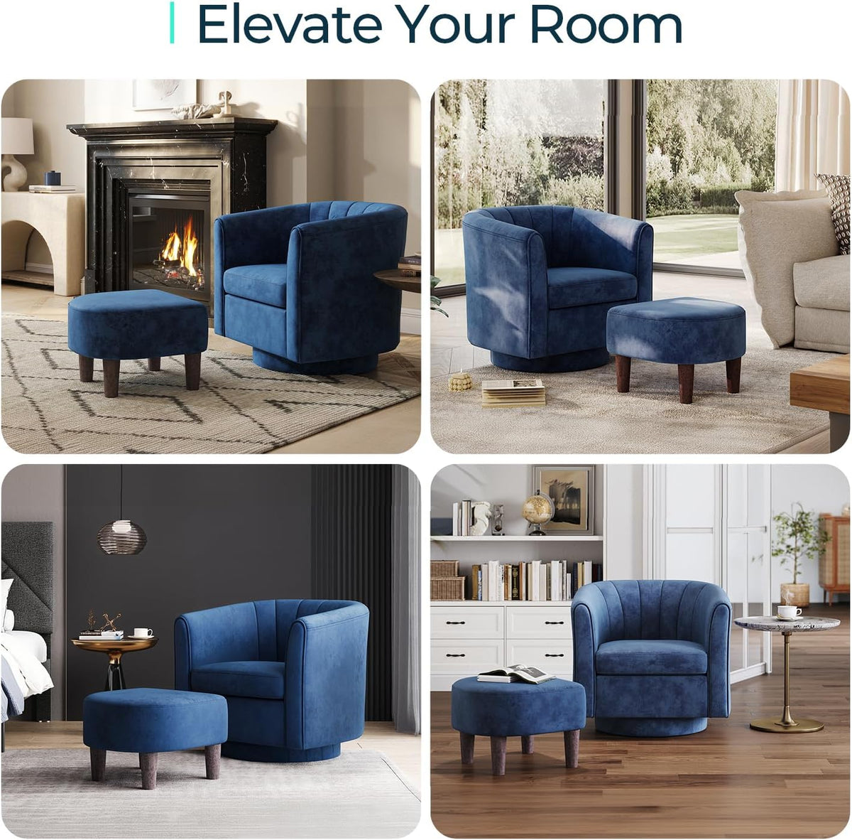 LINSY Small Swivel Accent Chair with Ottoman, Velvet Barrel Chair with Footrest, Modern Upholstered Comfy Reading Chair Armchair for Living Room, Bedroom, Study Room, Office, Blue