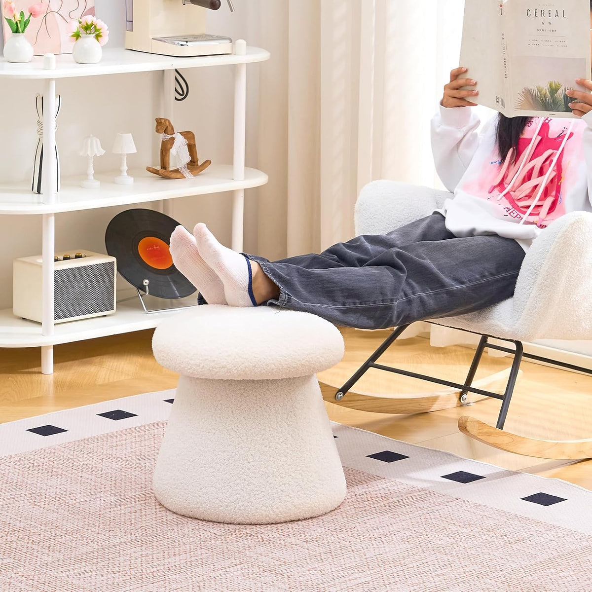 Wimarsbon Mushroom Ottoman, Multifunctional Teddy Velvet Footrest with Wood Frame, Round Vanity Chair with Cozy Hideaway Bed for Small Pets Suitable for Living Room, Bedroom, and Entryway (White)