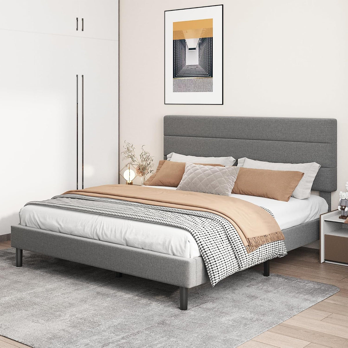 King Platform Bed Frame with Adjustable Linen Fabric Upholstered Headboard, Strong Slats Support, Noise-Free, No Box Spring Required, Easy Assembly for Bedroom Guest Room, Grey