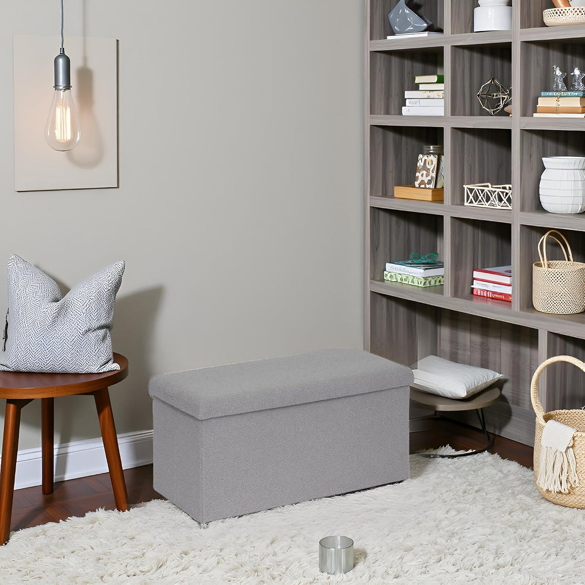 PINPLUS Folding Storage Ottoman Bench, Sherpa Ottoman with Storage, Large Long Shoes Bench Chest with Lid, Footrest for Living Room, Entryway, Grey 30'' x 15'' x 15''