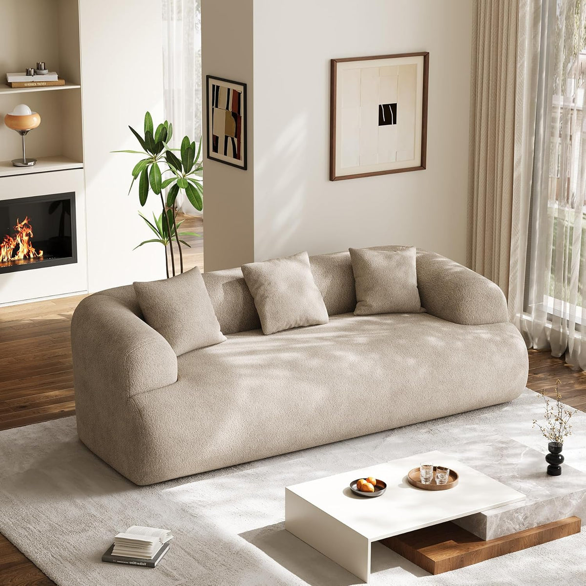 91" Couch,Cloud Couch,Chenille Curved Sofa with 3 Seater and 3 Pillows, Modern Compression Sofa for Living Room, Bedroom and Apartment, No Assembly Required, Light Brown
