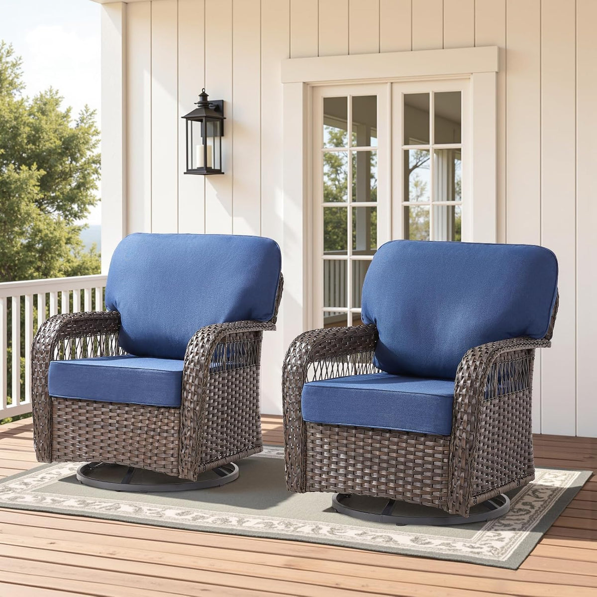 Wicker Swivel Rocker Patio Chairs, Patio Wicker Chairs Swivel Rocker Set of 2 All Weather Glider Rocking Chair Outdoor Conversation Furniture Set for Deck Porch Garden Backyard, Blue