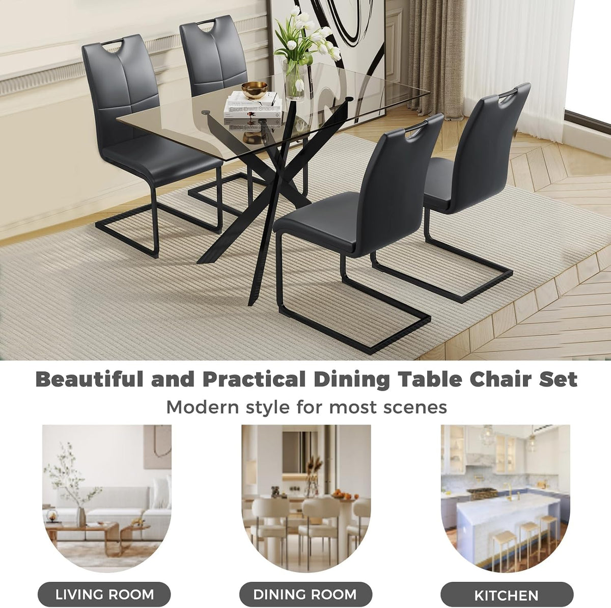 51.18" W Glass Dining Table Set for 4, Modern Rectangular Glass Kitchen Table with Black Metal Legs, 4 PU Leather Chairs with Black Legs, for Dining Room, Home -Dark Grey
